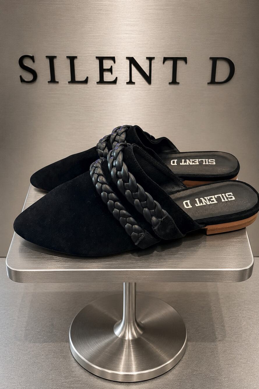 Silent D Gideota Black Suede Braided Point Toe Flat Mules EU 38 US 7-7.5